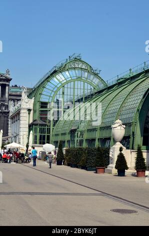 Vienna, Austria - 24 aprile 2011: Persone non identificate camminano e si riposano sulla strada davanti al nuovo caffè di palma rinnovato nel pubblico Burggar Foto Stock