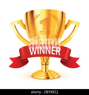 Realistico Golden Trophy con nastro vincitore. Illustrazione vettoriale Illustrazione Vettoriale