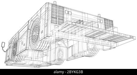 Trasporto di autocarri di traino in aeroporto isolato. Rendering 3D. Telaio a filo. I livelli delle linee visibili e invisibili sono separati. Formato EPS10. Illustrazione Vettoriale