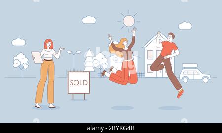 Giovane moglie felice e marito sono felici di acquistare paese casa vettore cartoon illustrazione di contorno. Saltando l'uomo e la donna che festeggiano il passaggio nella loro casa. Realtor mostrando nuova casa a una coppia. Illustrazione Vettoriale