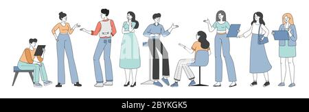 Uomini e donne in abiti casual discutere e brainstorming durante la riunione di affari o pausa caffè vettore cartoon illustrazione di contorno. Persone al lavoro, colleghi, impiegati, concetto di lavoro di squadra. Illustrazione Vettoriale