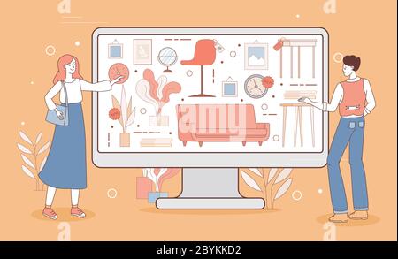 Felice coppia scegliere decorazione e mobili per la loro casa vettore cartoon illustrazione di contorno. Giovane uomo e donna in abiti casual fare shopping online. Divano, sedia, piante in casa in vendita. Illustrazione Vettoriale