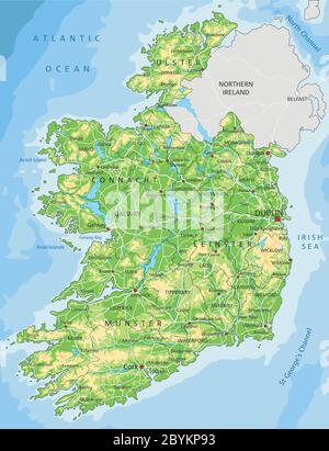 Mappa fisica Irlanda con etichettatura. Illustrazione Vettoriale