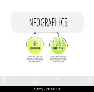 Cerchi infografici con 2 passaggi, opzioni. Modello vettore di linea. Può essere utilizzato per diagrammi, business, web, banner, layout del flusso di lavoro, presentazioni Illustrazione Vettoriale