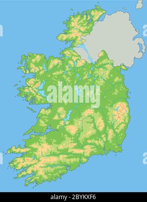 Mappa fisica dell'Irlanda dettagliata. Illustrazione Vettoriale