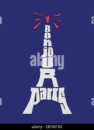 Bonjour frase di Parigi. La tipografia della Torre Eiffel su blu Illustrazione Vettoriale