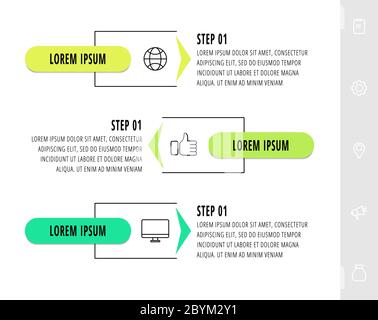 Modello di progettazione di infografiche vettoriali con frecce. Tre fasi. Il concetto di linea moderno può essere utilizzato per diagrammi, layout del flusso di lavoro, presentazioni, fchart Illustrazione Vettoriale