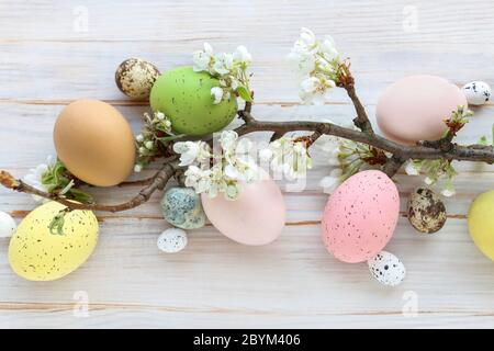 Uova di Pasqua colorate e ramo fiorito di mela su uno sfondo bianco di legno. Foto Stock