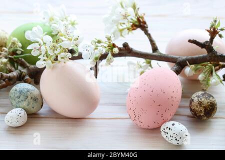 Uova di Pasqua colorate e ramo fiorito di mela su uno sfondo bianco di legno. Foto Stock