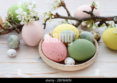 Uova di Pasqua colorate e ramo fiorito di mela su uno sfondo bianco di legno. Foto Stock