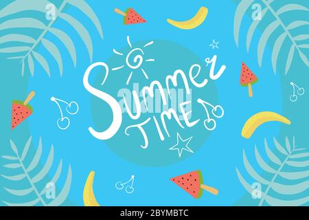 Ciao Estate Blue Vector sfondo Illustrazione con Cormelon, Banana e Cherry. Illustrazione Vettoriale