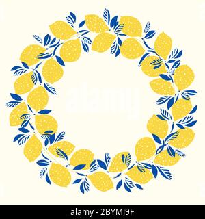 Vettore grafico colorato corona estiva limone. Design moderno e vivace. Illustrazione comoda disegnata a mano. Disegno di agrumi disegnato a mano con foglia su sfondo color crema. Illustrazione Vettoriale