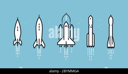 Set di icone di razzo spaziale. Illustrazione del vettore di lancio della navicella spaziale Illustrazione Vettoriale