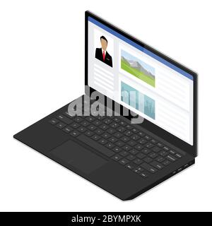 Computer portatile che utilizza per i social media la vista isometrica isolata su sfondo bianco. Concetto di marketing Illustrazione Vettoriale