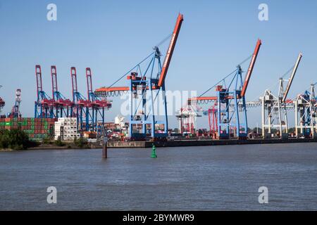 Gru, container al terminal dei container Eurogate, Amburgo, Germania, Europa Foto Stock