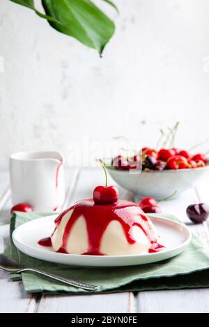 Dessert di panna cotta italiana con coulis di ciliegia su un tavolo di legno bianco e una foglia di monstera in cima Foto Stock