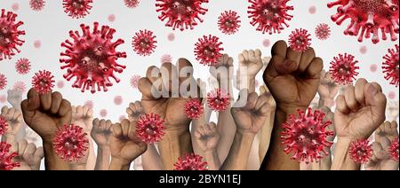 Dimostrazione di epidemia pandemica e folla di manifestanti che manifestano durante il virus del coronavirus o del covid-19 o l'influenza si diffondono come mani in un pugno di diversi. Foto Stock