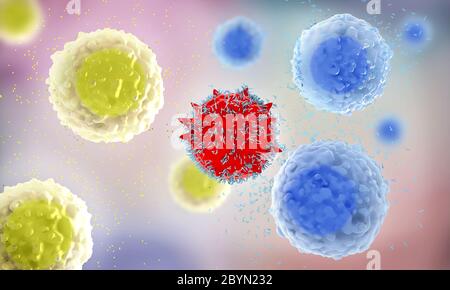 3d illustrazione di molto attentamente osservati globuli bianchi,chiamate leucociti secluding distruggendo gli anticorpi allergene nel corpo umano Foto Stock