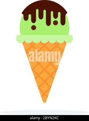 Palla di gelato verde con salsa di cioccolato in un cialda tromba piatto isolato Illustrazione Vettoriale