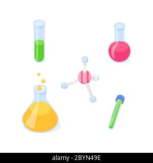 Set isometrico chimico - matracci di vetro e provetta con modello liquido e molecolare per l'apprendimento e lo studio della progettazione Illustrazione Vettoriale