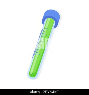 Provetta in vetro con liquido verde e tappo blu con illustrazione vettoriale isometrica. Illustrazione Vettoriale