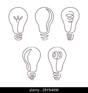 Set di illustrazioni vettoriali a linea continua con bulbo luminoso con tratto modificabile. Illustrazione Vettoriale
