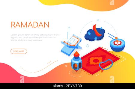 Ramadan - moderno vettore colorato web banner isometrico Illustrazione Vettoriale