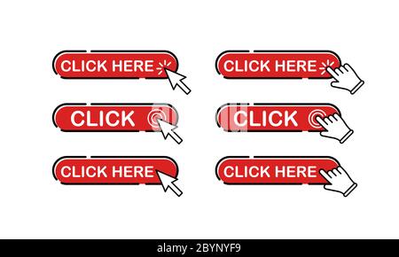 Fare clic qui pulsante in rosso con il puntatore del mouse, clic con la mano o icone del cursore a mano poste piatte su uno sfondo bianco isolato. Vettore EPS 10 Illustrazione Vettoriale