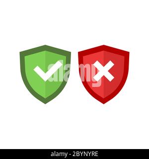 Icone di schermature e segni di spunta impostate. Segno di spunta approvato su sfondo bianco isolato. Vettore EPS 10. Concetti di protezione, sicurezza, affidabilità Illustrazione Vettoriale