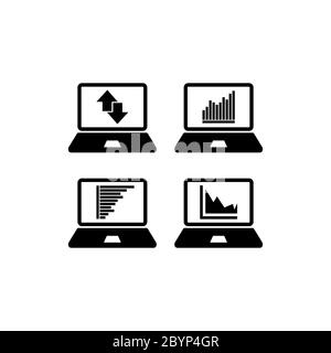 Set di grafici e grafici sul computer portatile. Statistiche, pittogramma, set di dati su sfondo bianco isolato. Vettore EPS 10 Illustrazione Vettoriale