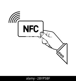 Mano che tiene la carta di credito NFC. Icona di pagamento tramite tecnologia NFC. Sistemi di pagamento con carta contactless. Vettore su sfondo bianco isolato. EPS 10 Illustrazione Vettoriale