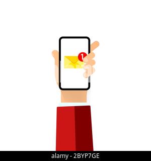 Nuova notifica e-mail sullo schermo del telefono cellulare e dello smartphone. La mano tiene un telefono cellulare sulla busta dello schermo. Vettore su sfondo bianco isolato. EPS Illustrazione Vettoriale