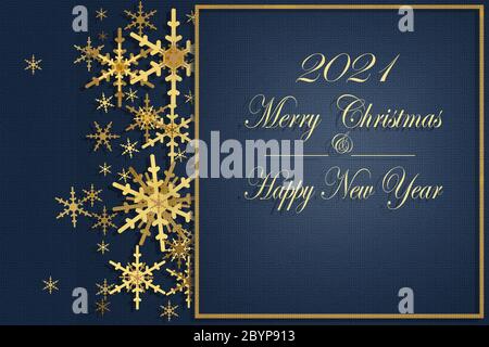 Scritta buon Natale e felice anno nuovo 2021. Fiocchi di neve dorati su sfondo blu magico. Biglietto di auguri di Natale di lusso ed elegante per il nuovo anno 2021, banner, mock up, copyspace. Illustrazione. Foto Stock