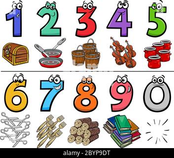 Illustrazione di Cartoon dei numeri educativi impostati da uno a nove con oggetti diversi Illustrazione Vettoriale