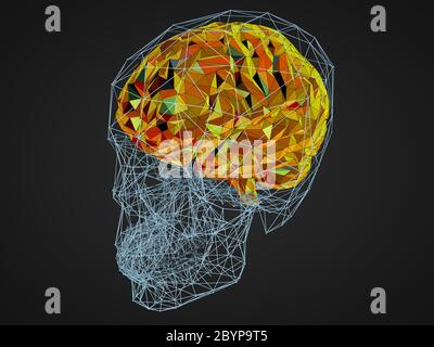 3d illustrazione di un trasparente cranio umano con colorate in stile poligono cervello Foto Stock