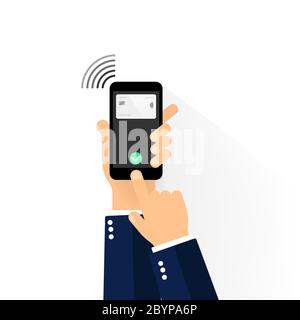 Porta il telefono con carta di credito. Icona di pagamento tramite tecnologia NFC. Sistemi di pagamento con carta contactless su sfondo isolato. Hopping Online con Illustrazione Vettoriale
