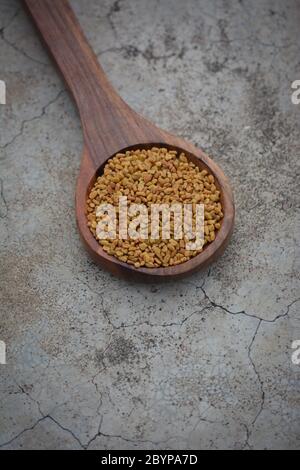 Semi di fenugreek in cucchiaio di legno su fondo di struttura di calcestruzzo fessurato Foto Stock