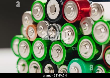 Primo piano del gruppo di batterie AA monouso usate di vari colori. Foto Stock