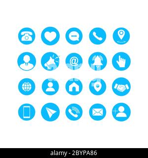 Icone di comunicazione impostate. Simboli di telefono, telefono cellulare, telefono retro, posizione, posta e sito Web su sfondo isolato per le applicazioni Illustrazione Vettoriale