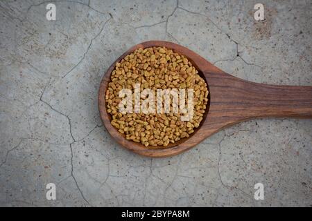 Semi di fenugreek in cucchiaio di legno su fondo di struttura di calcestruzzo fessurato Foto Stock