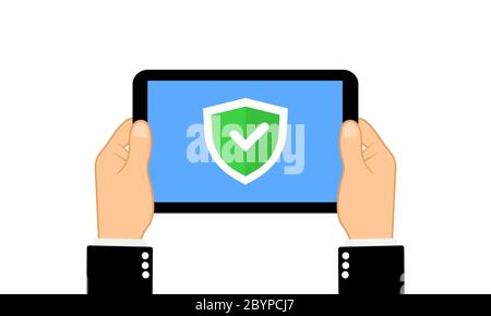 Mani che tengono il computer tablet con un segno di spunta nella protezione . Design piatto su sfondo isolato. Vettore EPS 10. Business, protezione, sicurezza Illustrazione Vettoriale