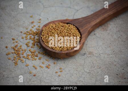 Semi di fenugreek in cucchiaio di legno su fondo di struttura di calcestruzzo fessurato Foto Stock