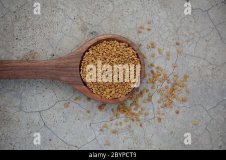 Semi di fenugreek in cucchiaio di legno su fondo di struttura di calcestruzzo fessurato Foto Stock