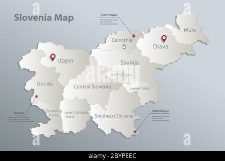 Mappa della Slovenia, divisione amministrativa con nomi, carta cartoncino blu bianco vettore 3D Illustrazione Vettoriale