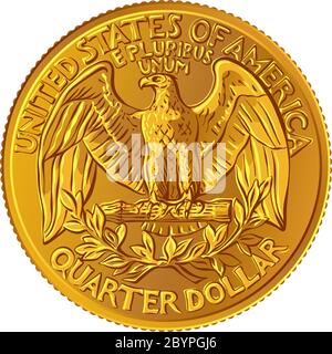 Moneta americana, dollaro del quarto di Washington degli Stati Uniti o moneta d'oro di 25 centesimi, l'uccello nazionale dell'aquila di bald degli Stati Uniti con le ali sparse sul retro Illustrazione Vettoriale