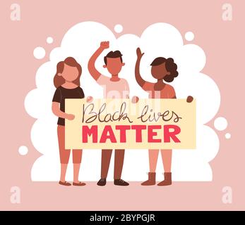 Tolleranza e nessun concetto di razzismo. Attivisti afro-americani che hanno un banner di protesta contro il razzismo con lo slogan 'Black Lives Matter'. Cartone animato i Illustrazione Vettoriale