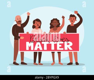 Il concetto di Black Lives Matter. Quattro attivisti arrabbiati che hanno un banner di protesta contro il razzismo. Illustrazione di fumetti sui diritti umani dei neri. Illustrazione Vettoriale