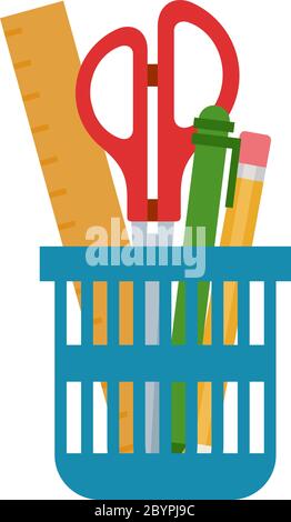 Utensili di cancelleria in una tazza vettore piatto isolato Illustrazione Vettoriale