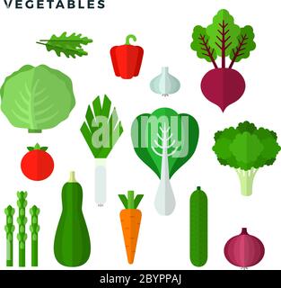 Le icone piatte vettoriali per verdure sono isolate in bianco Illustrazione Vettoriale
