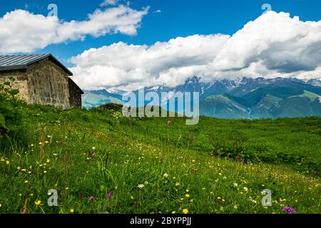 Shepherds cottage e verde estate prato vista in Upper Svaneti, Georgia rurale. Foto Stock